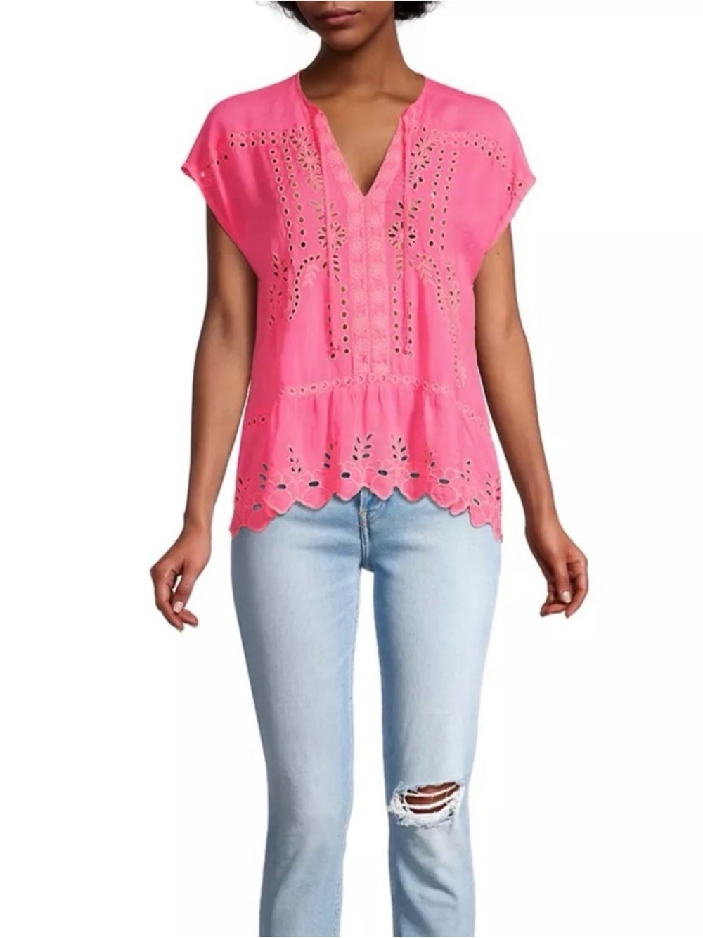 Johnny Was Clemence Blouse Bubblegum Pink Embroidered and Cutouts size XS